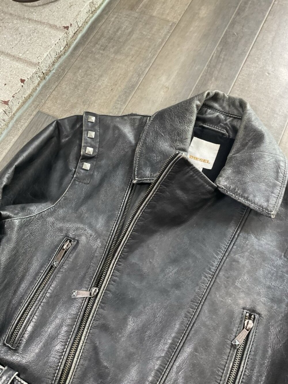 Diesel Goat Leather Moto Biker Jacket Studded Belted Black Gray Womens MED Y2K - Picture 9 of 15